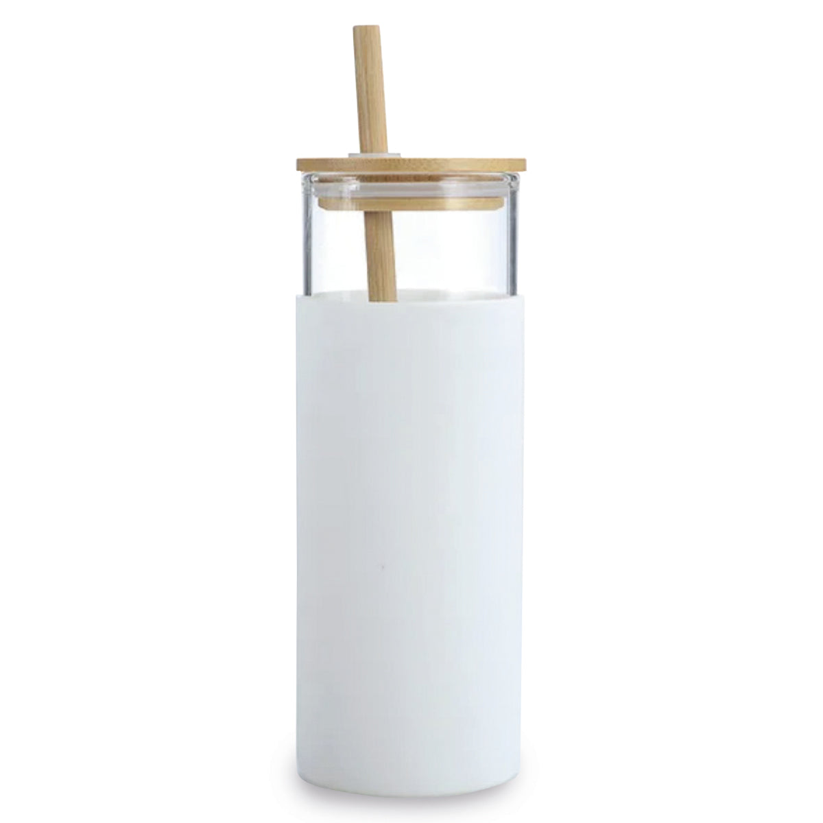 כוס זכוכית עם מכסה במבוק וקש