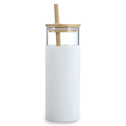 כוס זכוכית עם מכסה במבוק וקש