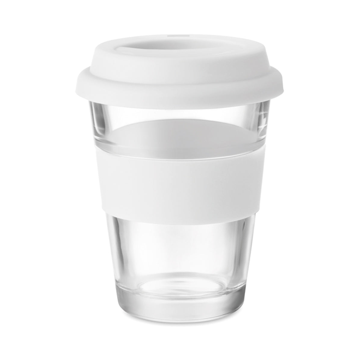 כוס שתיה מזכוכית עם מכסה סיליקון 330 מ”ל