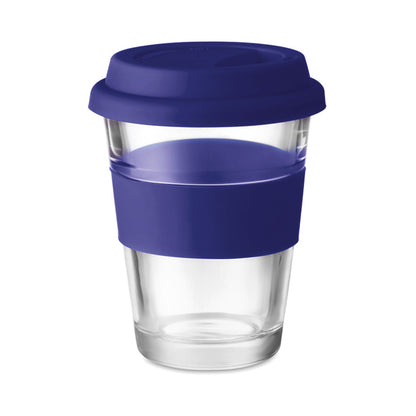 כוס שתיה מזכוכית עם מכסה סיליקון 330 מ”ל